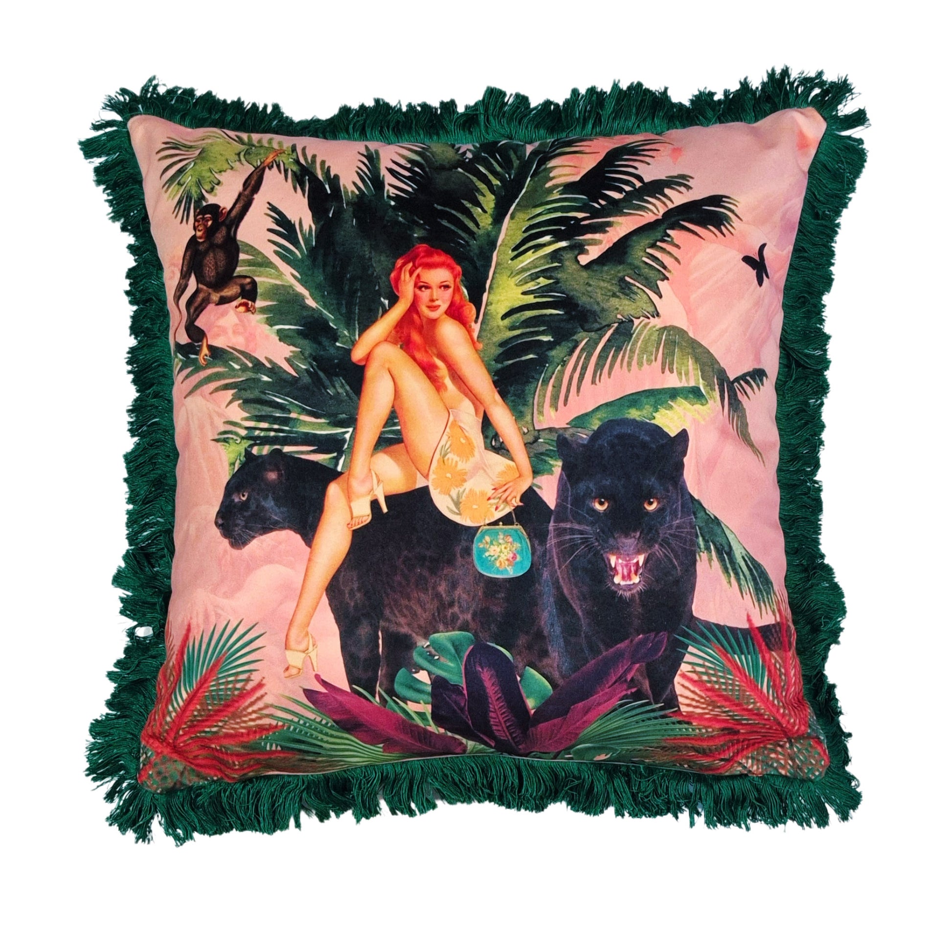 Queen K handmade jungle print cushion with green fringe and colourful tropical design
