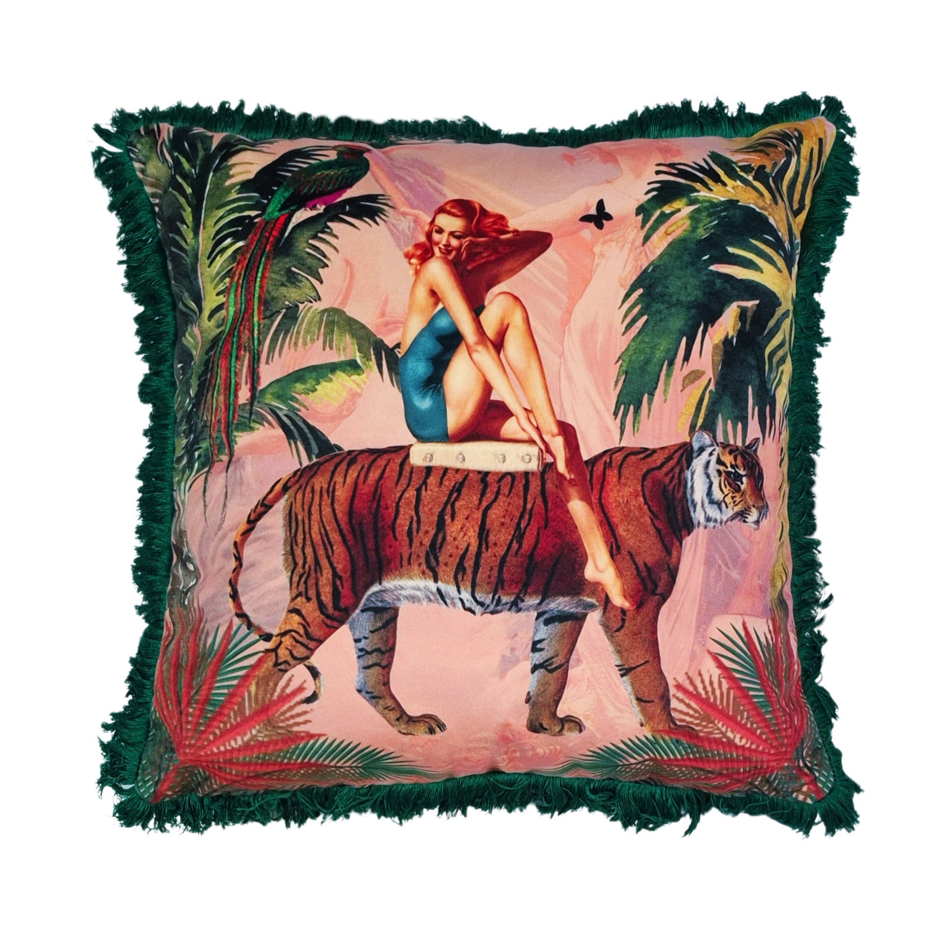 Queen K handmade jungle print cushion with woman riding tiger and tropical foliage design
