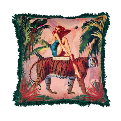 Queen K handmade jungle print cushion with woman riding tiger and tropical foliage design