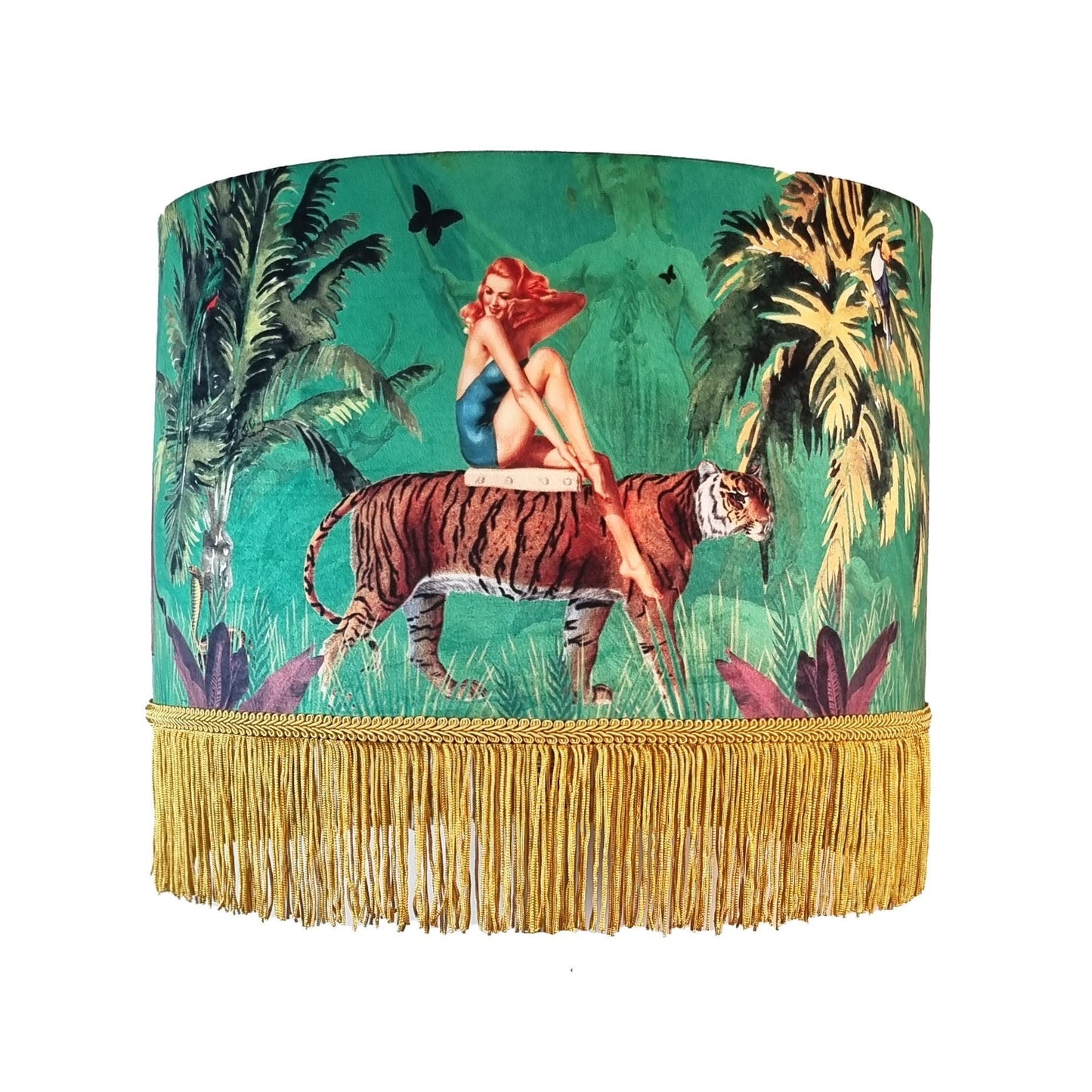 Jungle Green Fringe Lamp shade Tiger home decor, tassel lighting, velvet lampshades, unique lampshades, gold fringed light shade