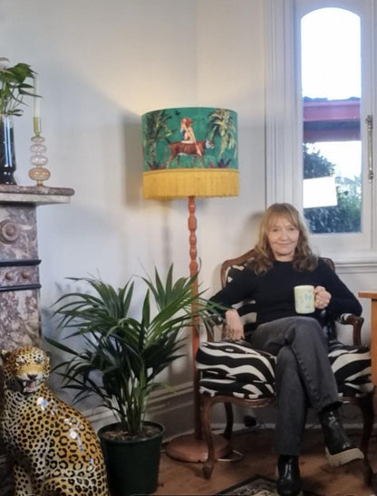 Jungle Green Fringe Lamp shade Tiger home decor, tassel lighting, velvet lampshades, unique lampshades, gold fringed light shade