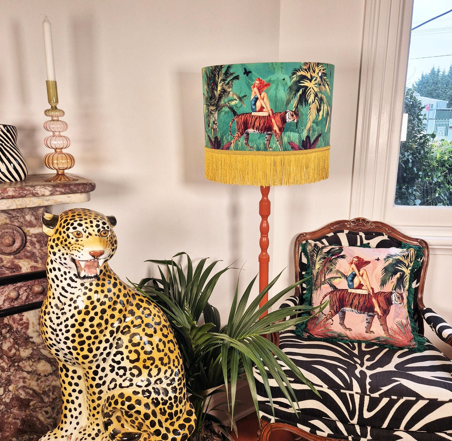 Jungle Green Fringe Lamp shade Tiger home decor, tassel lighting, velvet lampshades, unique lampshades, gold fringed light shade