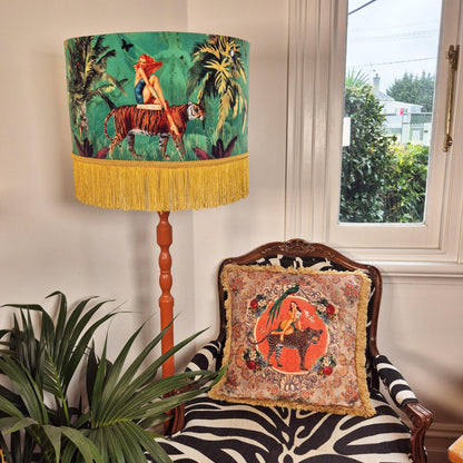 Jungle Green Fringe Lamp shade Tiger home decor, tassel lighting, velvet lampshades, unique lampshades, gold fringed light shade