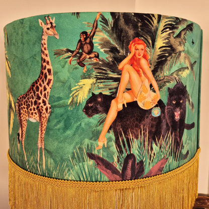 Jungle Green Fringe Lamp shade Tiger home decor, tassel lighting, velvet lampshades, unique lampshades, gold fringed light shade