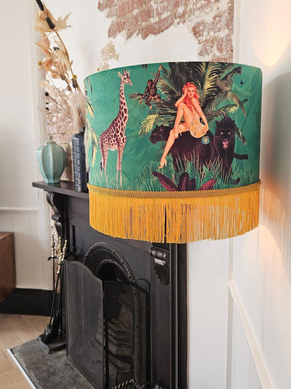Jungle Green Fringe Lamp shade Tiger home decor, tassel lighting, velvet lampshades, unique lampshades, gold fringed light shade