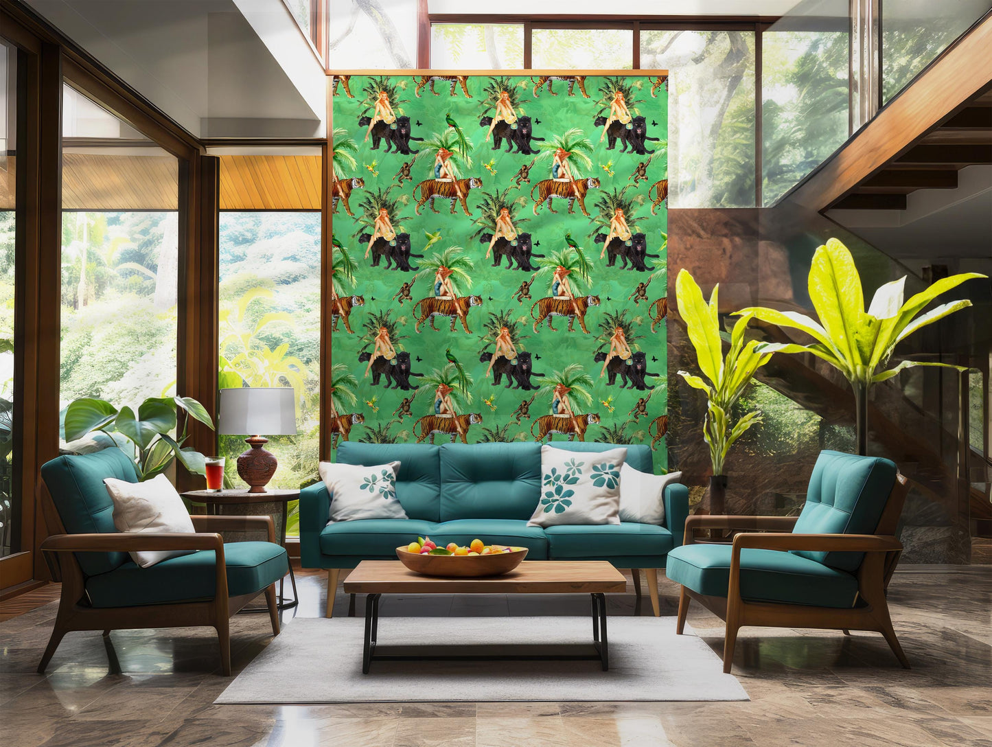 Jungle Green Wallpaper Peel and Stick, tiger peel and stick, vintage style wall paper, bedroom wallpaper, exotic wall coverings monkey