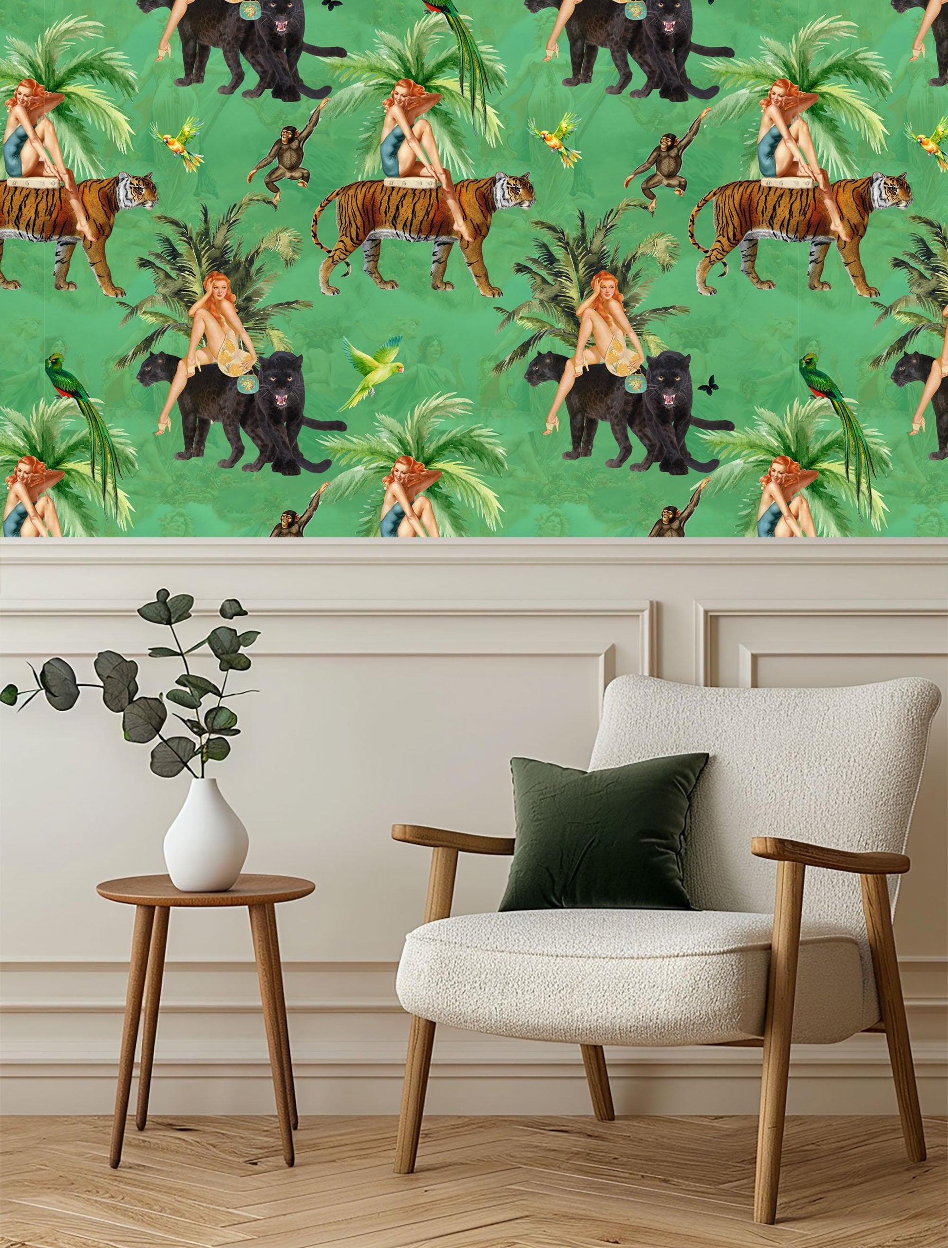 Jungle Green Wallpaper Peel and Stick, tiger peel and stick, vintage style wall paper, bedroom wallpaper, exotic wall coverings monkey