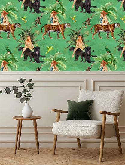 Jungle Green Wallpaper Peel and Stick, tiger peel and stick, vintage style wall paper, bedroom wallpaper, exotic wall coverings monkey
