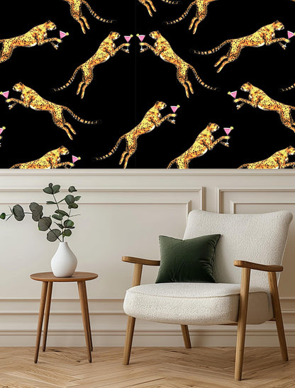 Cocktail cheetah black peel and stick wallpaper, leopard vintage wall paper, statement wallpaper, exotic wall coverings animal wall paper