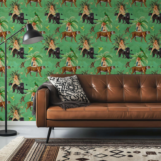 Jungle Green Wallpaper Peel and Stick, tiger peel and stick, vintage style wall paper, bedroom wallpaper, exotic wall coverings monkey