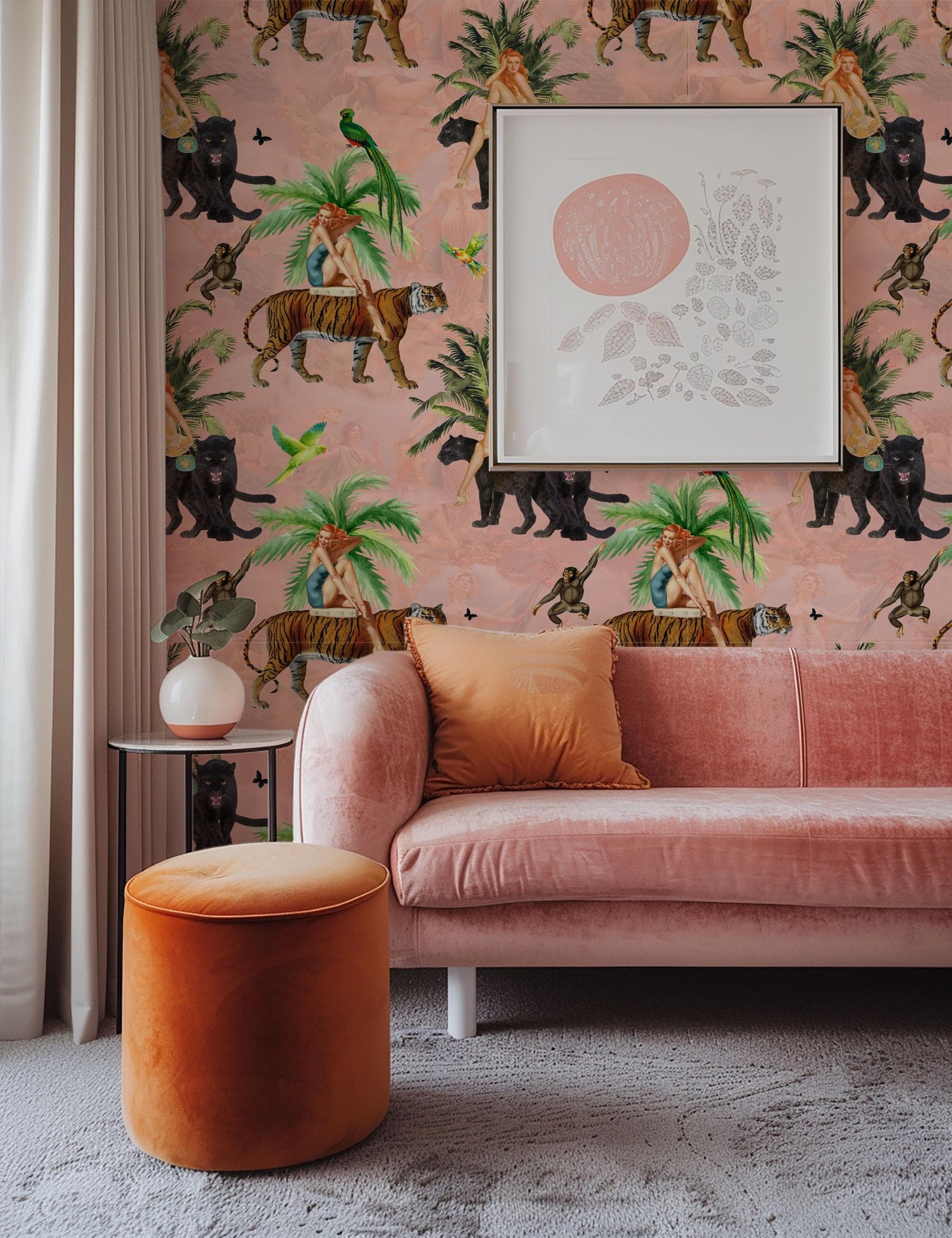 Jungle Pink Wallpaper retro girls, tiger peel and stick, vintage style wall paper, tropical wallpaper, exotic wall coverings animal