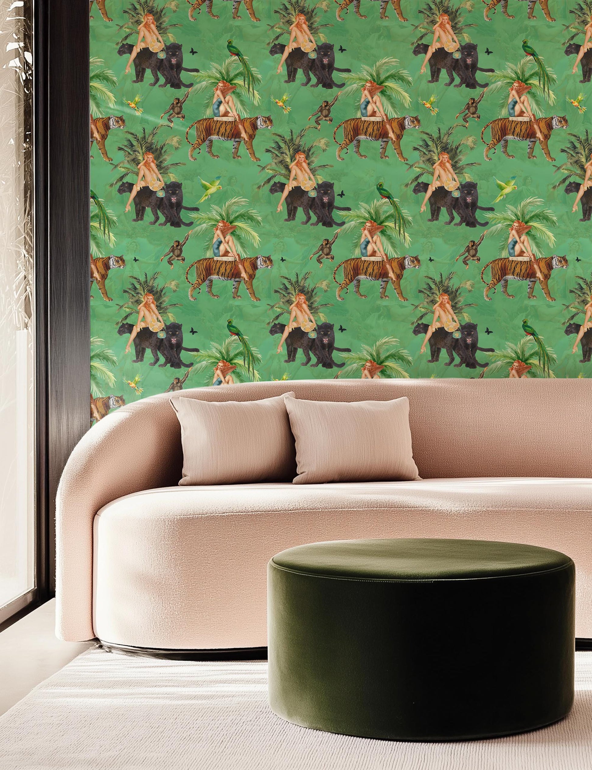 Jungle Green Wallpaper Peel and Stick, tiger peel and stick, vintage style wall paper, bedroom wallpaper, exotic wall coverings monkey