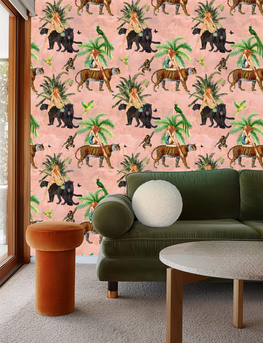 Jungle Pink Wallpaper retro girls, tiger peel and stick, vintage style wall paper, tropical wallpaper, exotic wall coverings animal