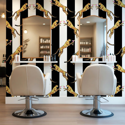 Striped black & white cheetah peel and stick, leopard vintage wall paper, statement wallpaper, exotic wall coverings animal wall paper
