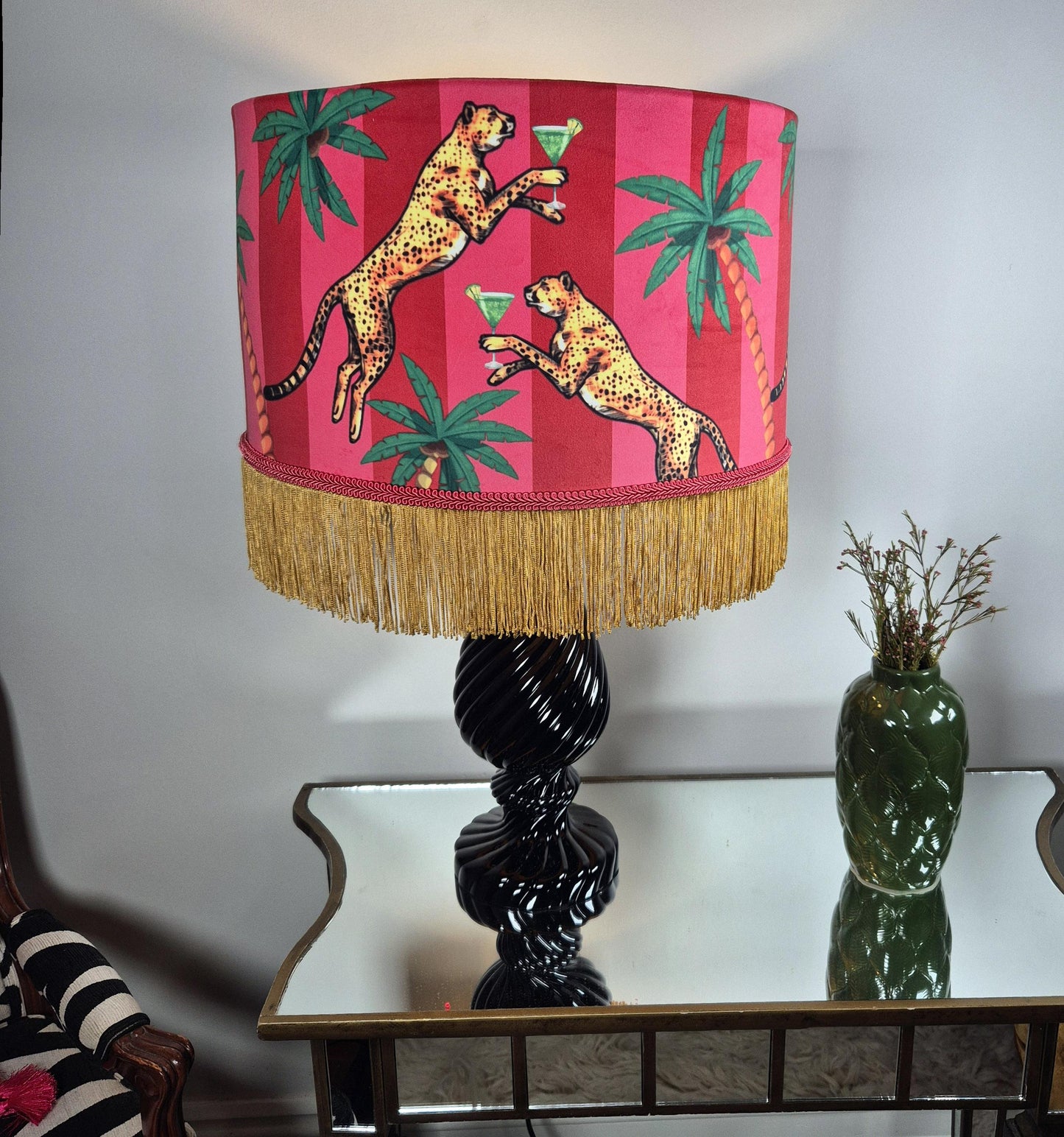 Cocktail Leopard Striped Tassel Lampshade, Cheetah decor, Pink Red velvet lamp shade, leopard print lampshades, cool lampshades, quirky