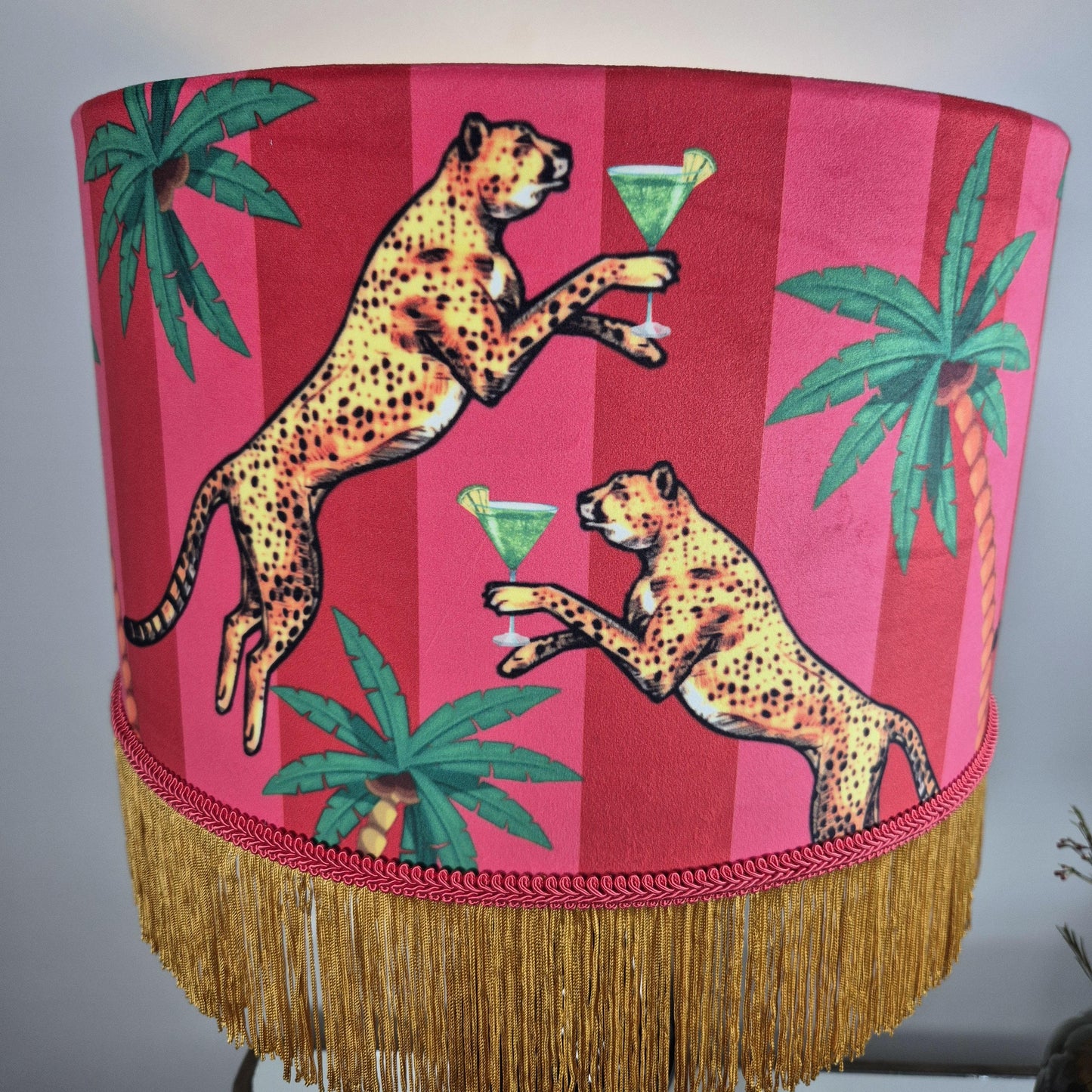 Cocktail Leopard Striped Tassel Lampshade, Cheetah decor, Pink Red velvet lamp shade, leopard print lampshades, cool lampshades, quirky