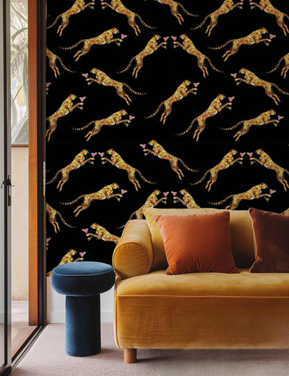 Cocktail cheetah black peel and stick wallpaper, leopard vintage wall paper, statement wallpaper, exotic wall coverings animal wall paper