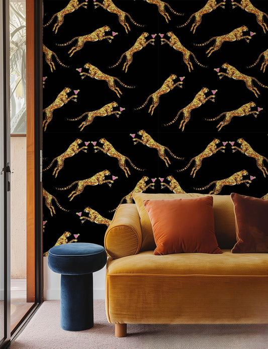 Cocktail cheetah black peel and stick wallpaper, leopard vintage wall paper, statement wallpaper, exotic wall coverings animal wall paper