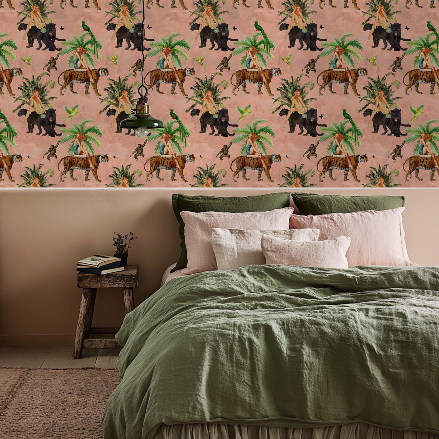 Jungle Pink Wallpaper retro girls, tiger peel and stick, vintage style wall paper, tropical wallpaper, exotic wall coverings animal