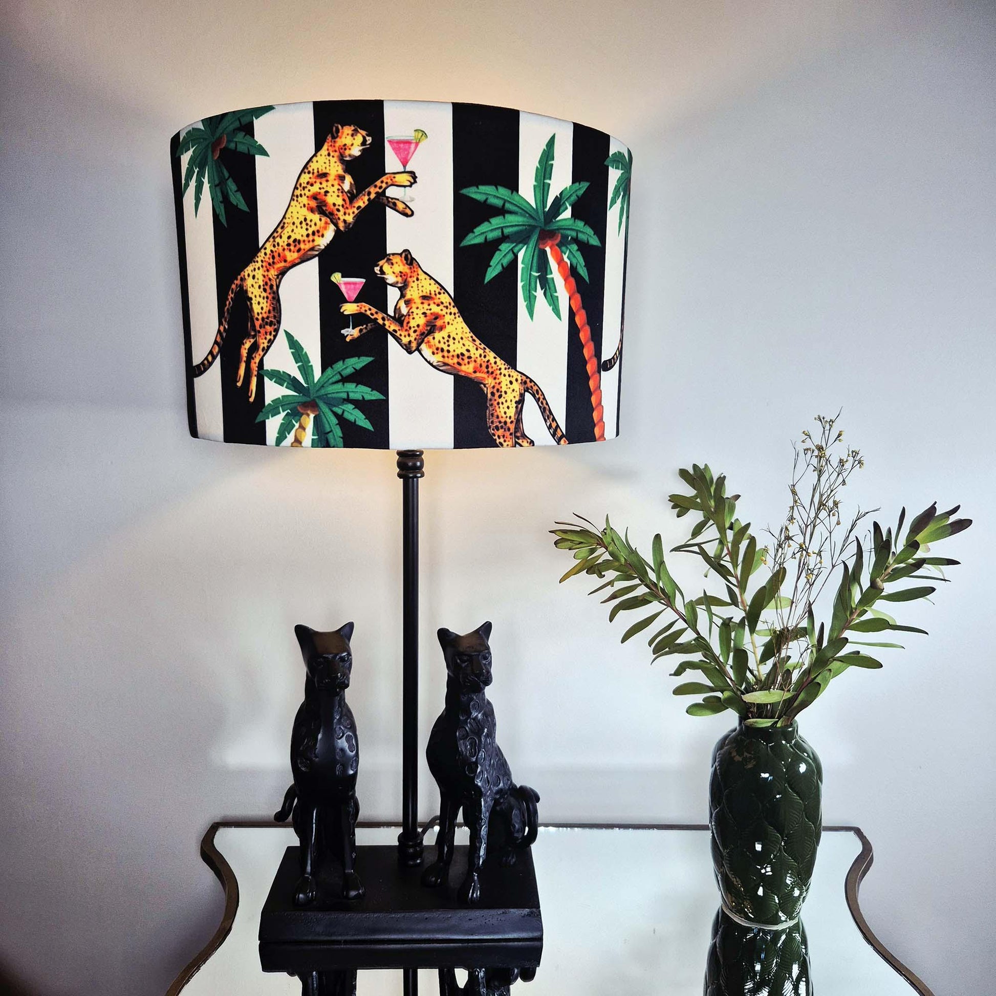 Cheetah Striped Fringe Lampshade, Black and White Interiors creative lighting velvet lamp shade, leopard lampshades, jungle lamp shades
