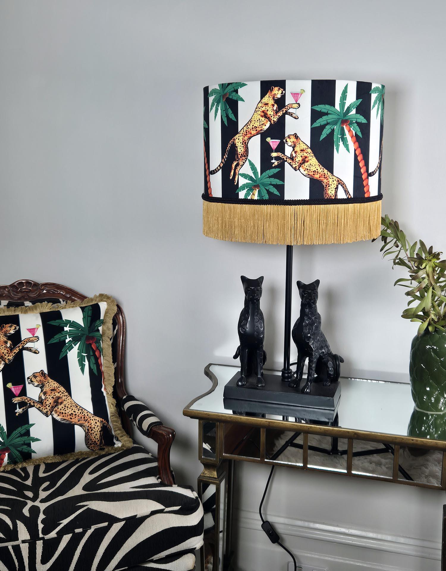 Cheetah Striped Fringe Lampshade, Black and White Interiors creative lighting velvet lamp shade, leopard lampshades, jungle lamp shades