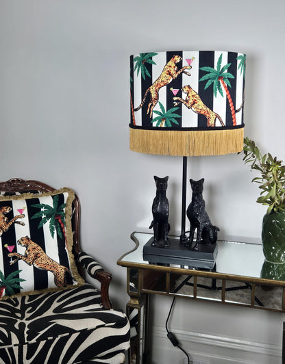 Cheetah Striped Fringe Lampshade, Black and White Interiors creative lighting velvet lamp shade, leopard lampshades, jungle lamp shades