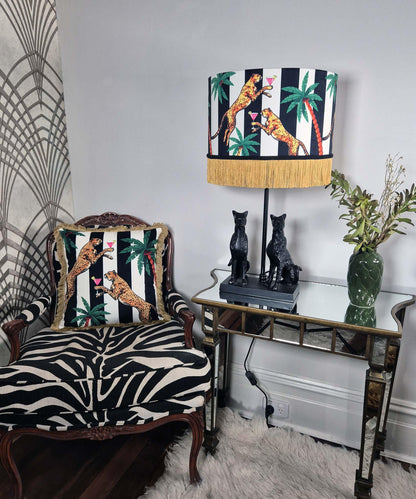 Jungle black white Striped Fringed Drum Lampshade for table lamp floor lamp, drum shade, ceiling pendant statement lighting