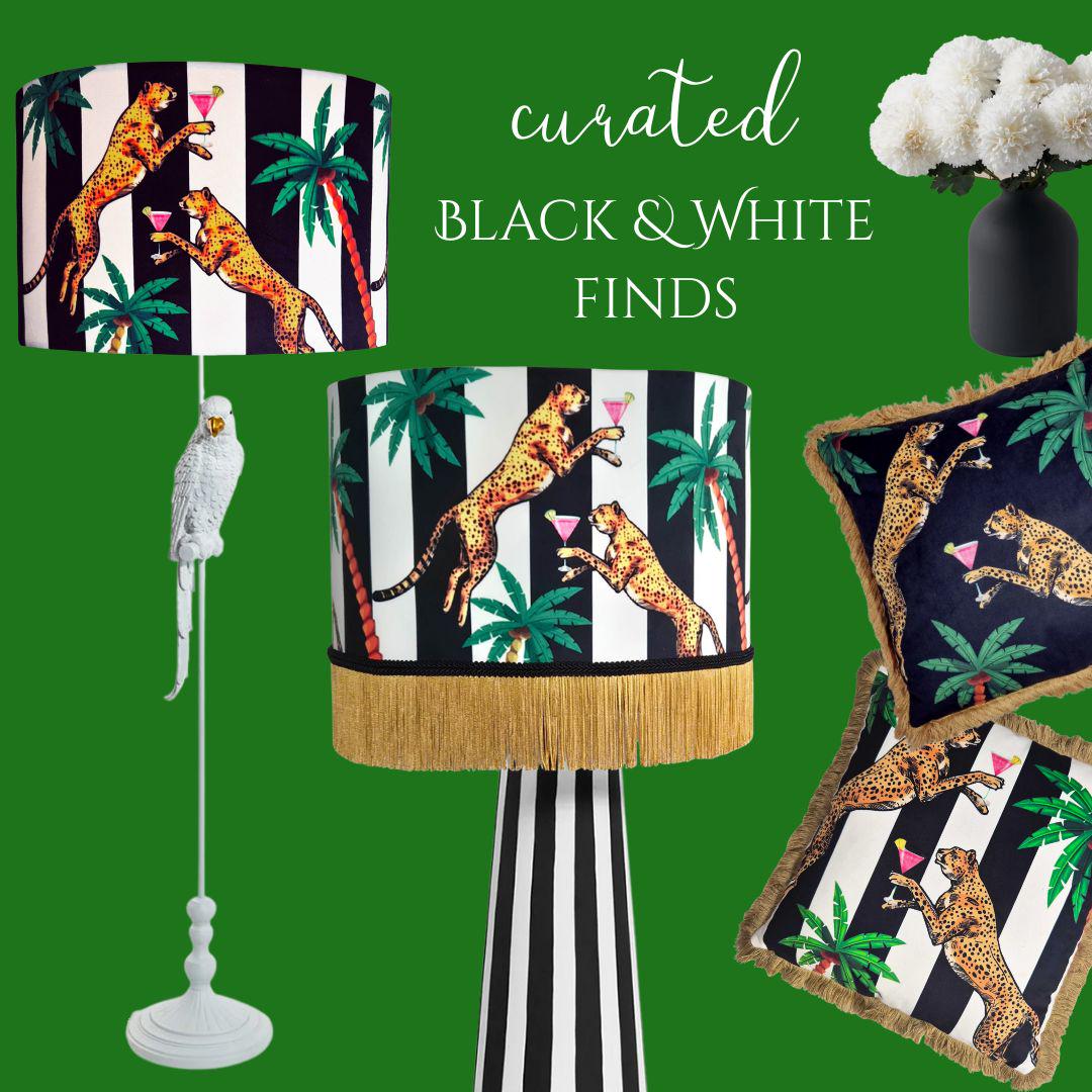 Jungle black white Striped Fringed Drum Lampshade for table lamp floor lamp, drum shade, ceiling pendant statement lighting