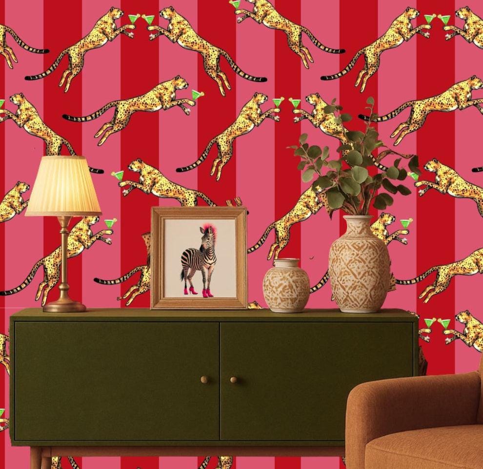 Cocktail Cheetah Red & Pink Striped Wallpaper