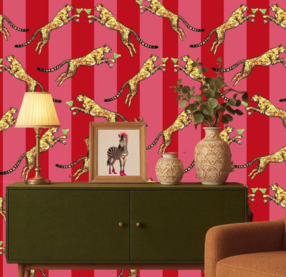 Cocktail Cheetah Red & Pink Striped Wallpaper