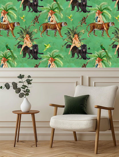 Jungle Green Wallpaper Peel and Stick, tiger peel and stick, vintage style wall paper, bedroom wallpaper, exotic wall coverings monkey