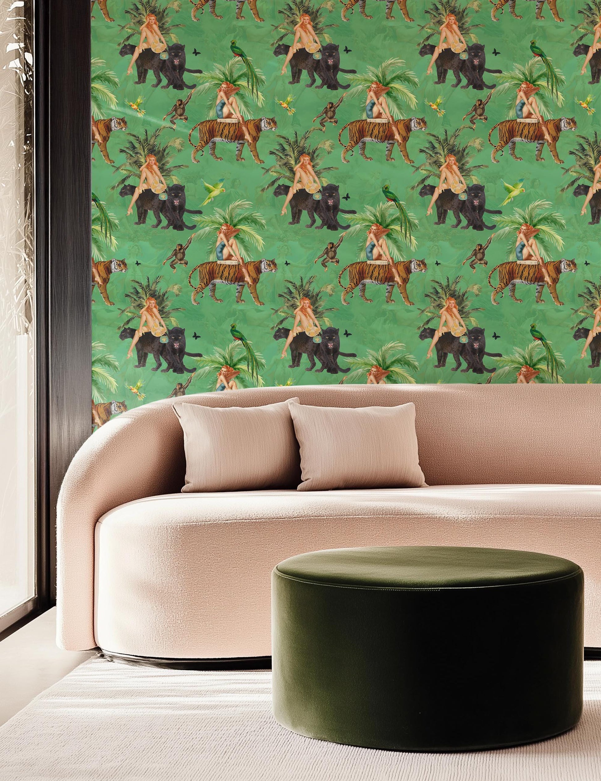 Jungle Green Wallpaper Peel and Stick, tiger peel and stick, vintage style wall paper, bedroom wallpaper, exotic wall coverings monkey