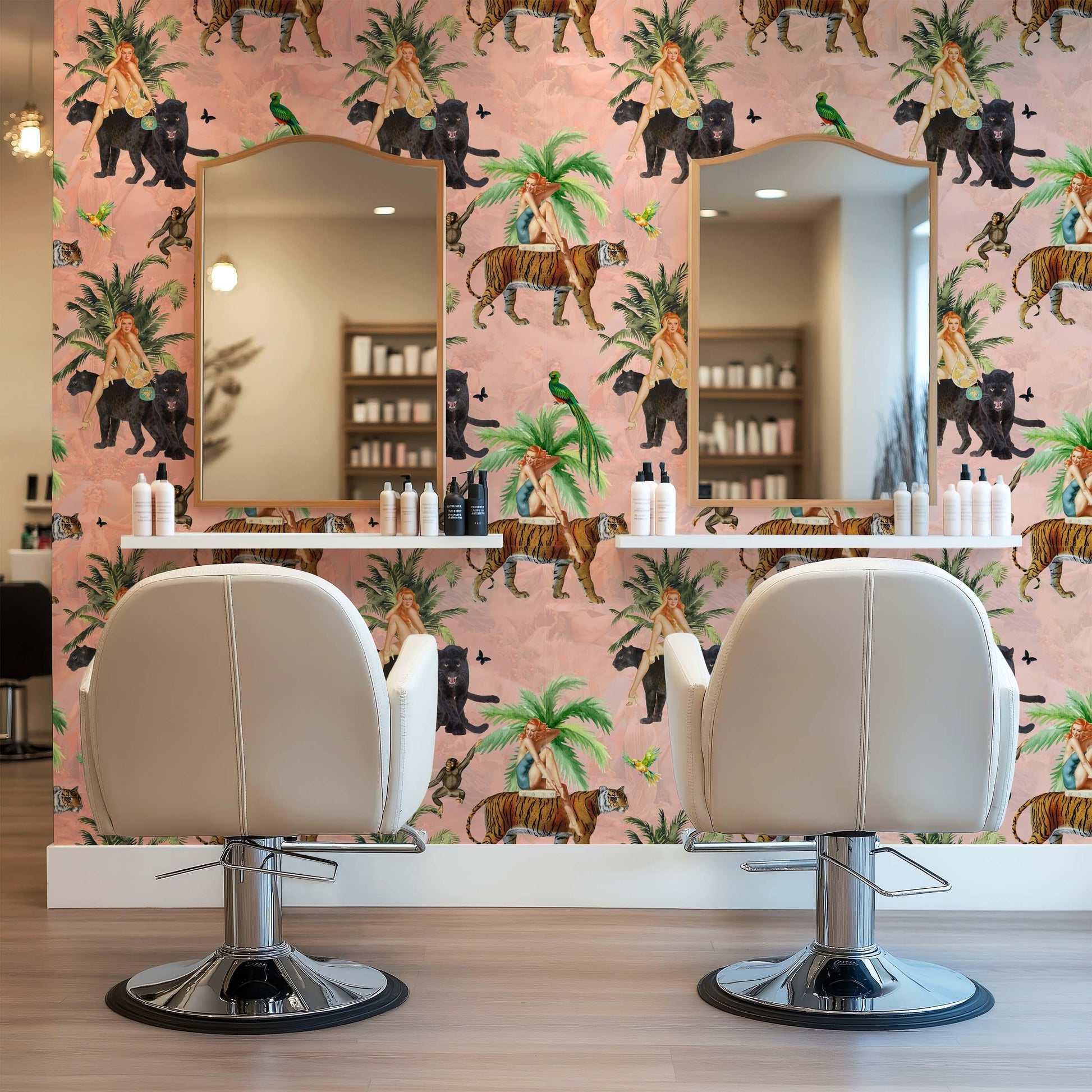 Jungle Pink Wallpaper retro girls, tiger peel and stick, vintage style wall paper, tropical wallpaper, exotic wall coverings animal