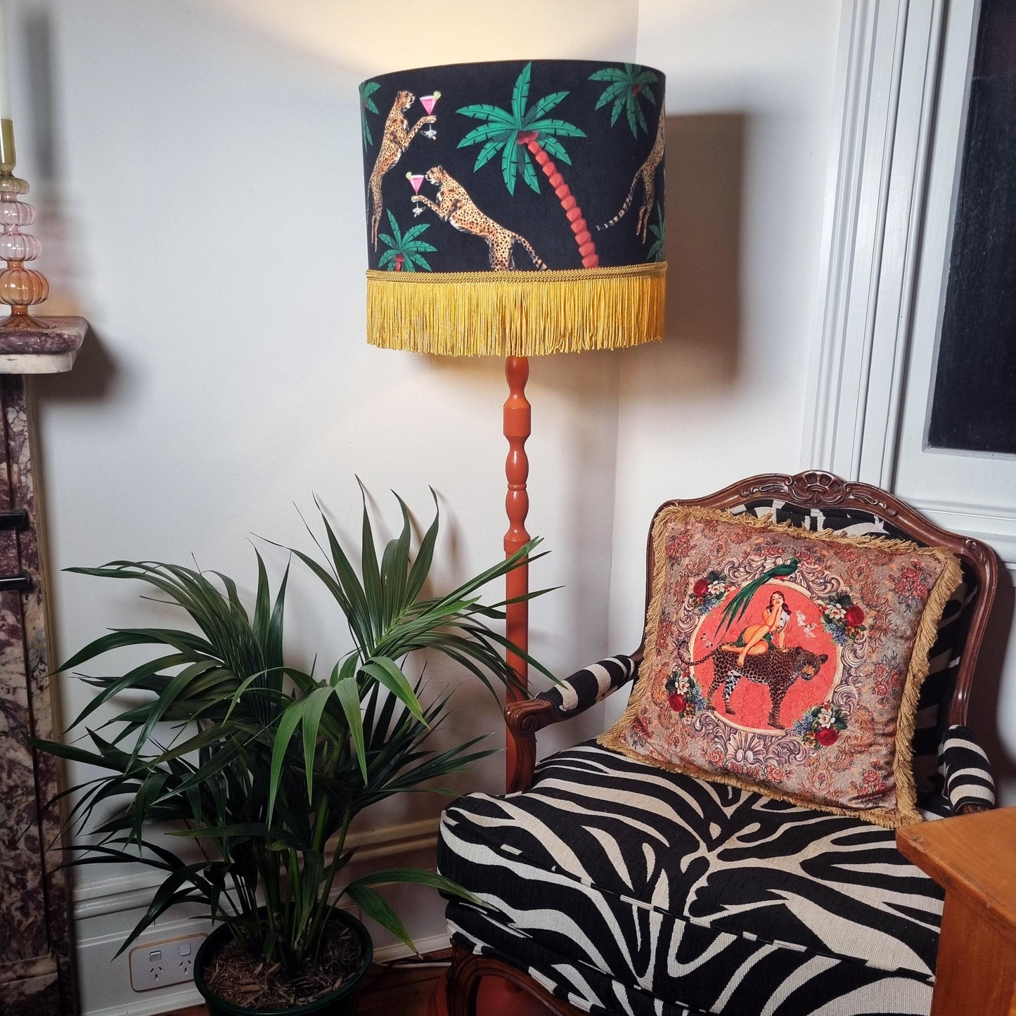 Black Tassel Leopard Lamp shade, Cheetah decor, fringe light, leopard print lampshades, ivory lampshades, quirky homewares, fringed
