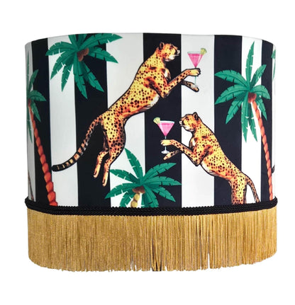Cheetah Striped Fringe Lampshade, Black and White Interiors creative lighting velvet lamp shade, leopard lampshades, jungle lamp shades