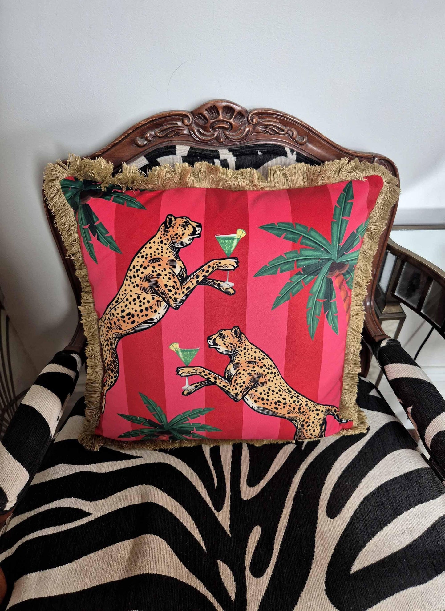Cocktail cheetah red pink striped pillow with insert cushion sofa throw pillows fringed cushion velvet cover stripe
