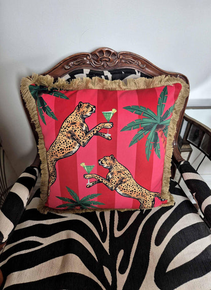 Cocktail cheetah red pink striped pillow with insert cushion sofa throw pillows fringed cushion velvet cover stripe