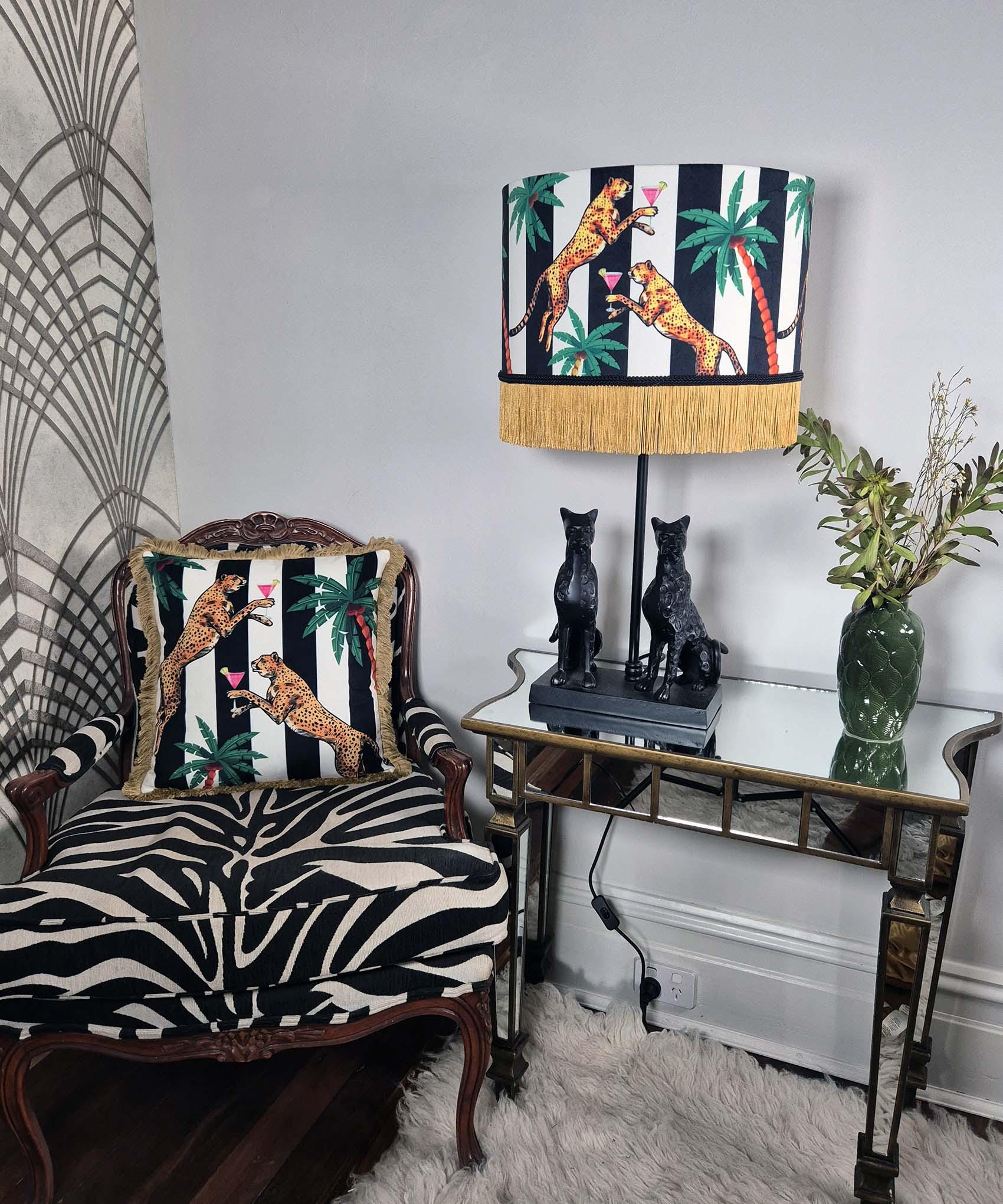 Cheetah Striped Fringe Lampshade, Black and White Interiors creative lighting velvet lamp shade, leopard lampshades, jungle lamp shades