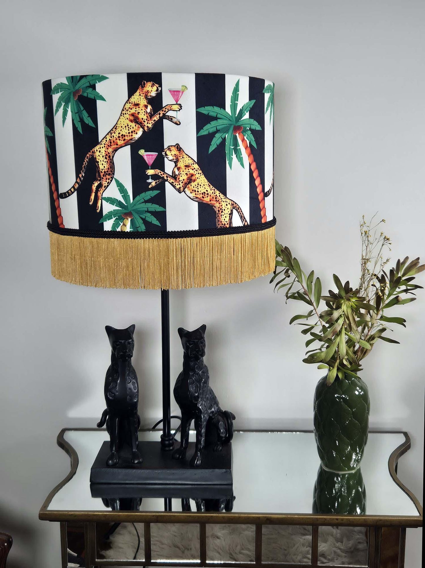 Jungle black white Striped Fringed Drum Lampshade for table lamp floor lamp, drum shade, ceiling pendant statement lighting