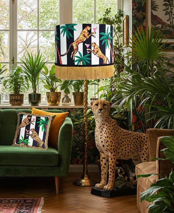 Cheetah Striped Fringe Lampshade, Black and White Interiors creative lighting velvet lamp shade, leopard lampshades, jungle lamp shades
