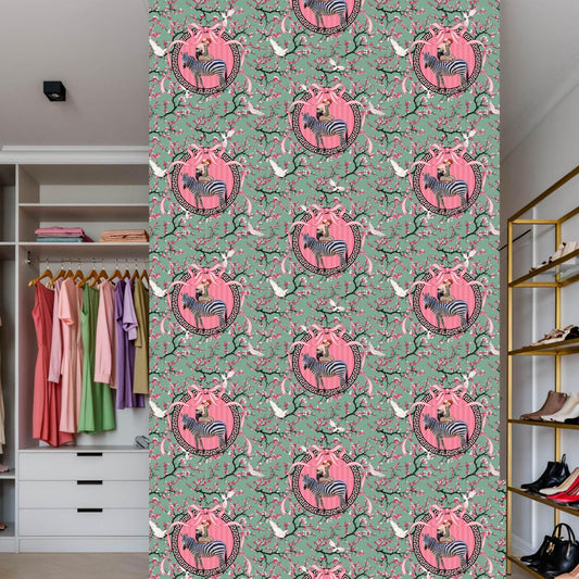 Gigi Cherry Blossom Wallpaper Green, Animal print jungle wallpaper peel & stick, feminine wallpaper for bedroom powder room walk in wardrobe