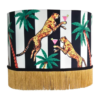 Jungle black white Striped Fringed Drum Lampshade for table lamp floor lamp, drum shade, ceiling pendant statement lighting