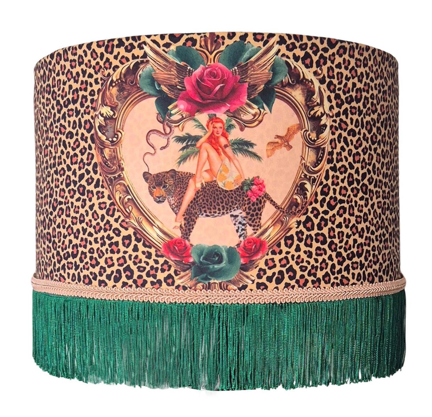 Tiger Rose Leopard print Fringed Lampshade, Leopard home decor, tassel lamp shade, velvet lampshades, unique light shades, fringed lighting