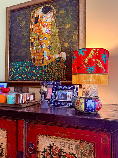 Cocktail Cheetah Tassel Velvet Drum Lampshade Pink and Red Stripe