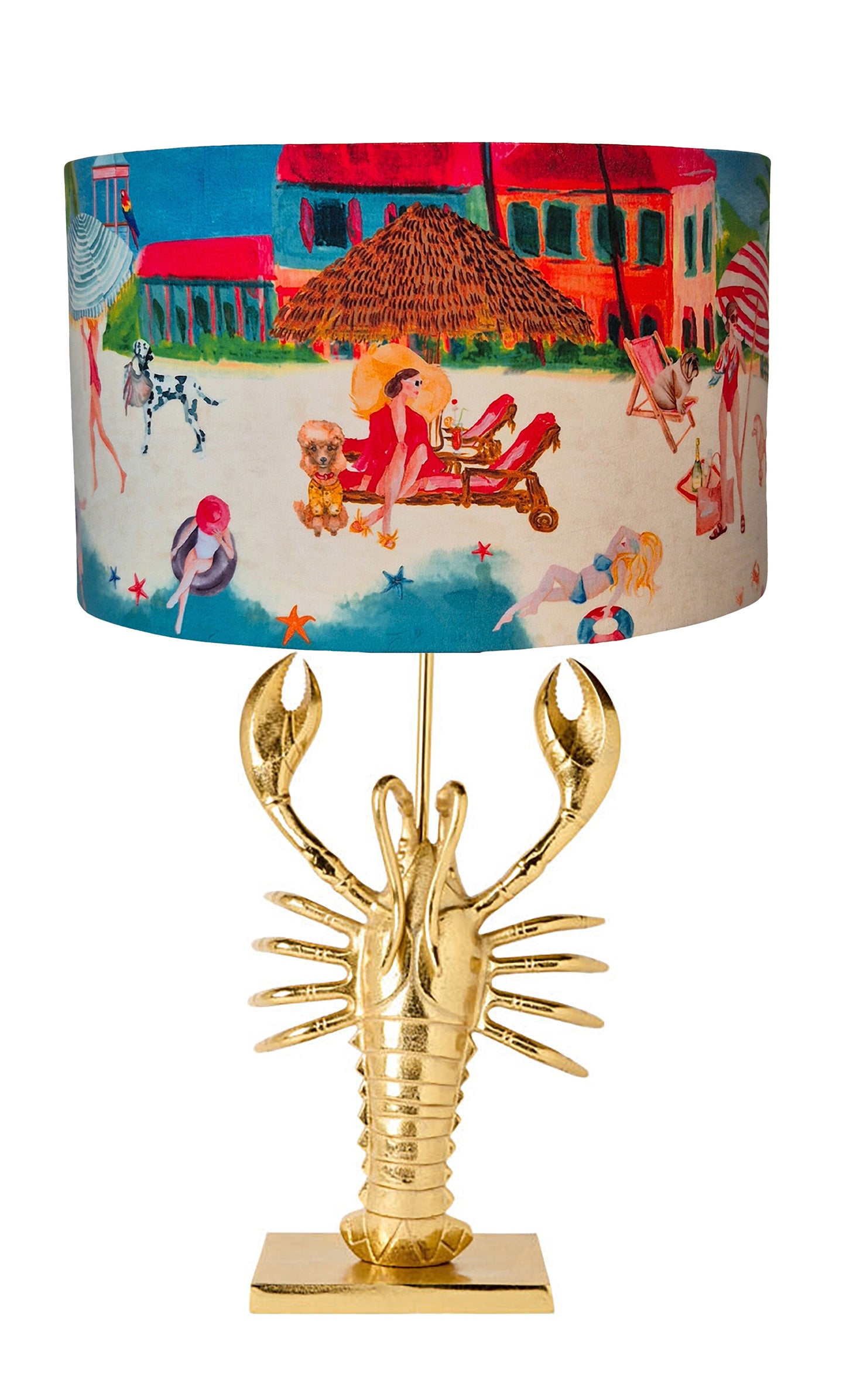 Queen K Lobster Lamp Base Gold with colorful beach scene lampshade decorative table lamp