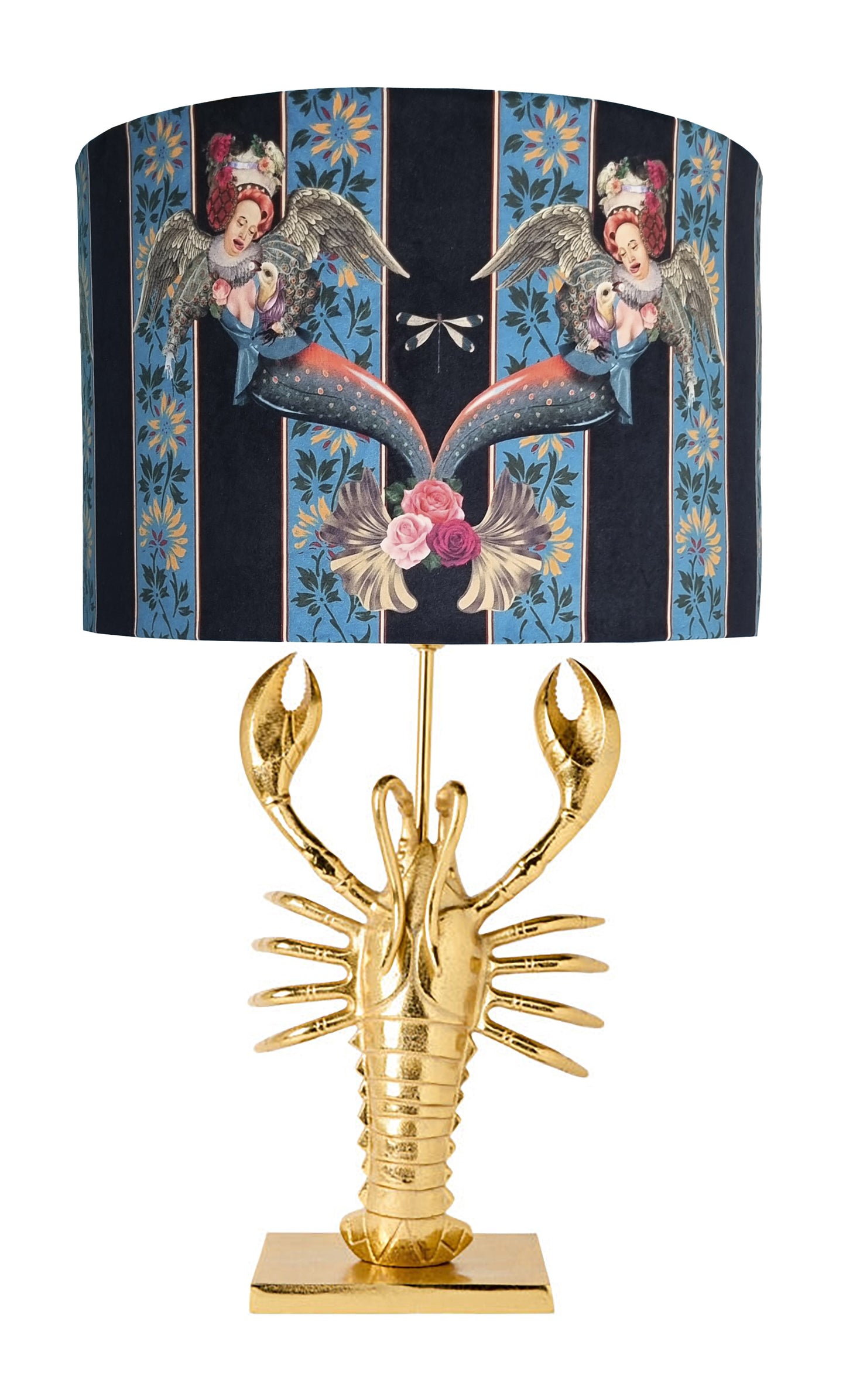 Queen K Lobster Lamp Base Gold with decorative blue and floral lampshade featuring angels