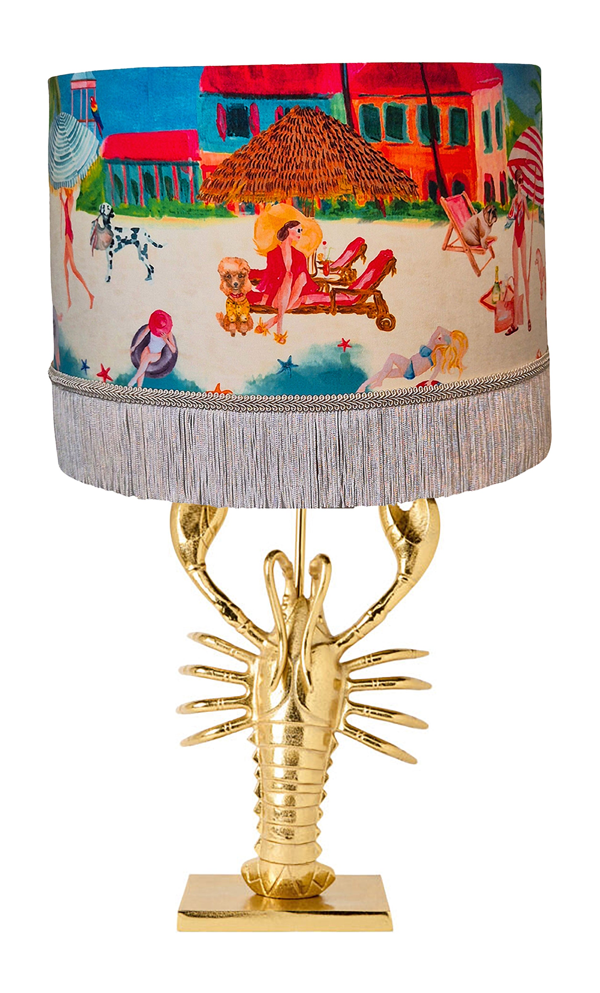 Queen K Lobster Lamp Base Gold with colorful beach scene lampshade and fringe trim