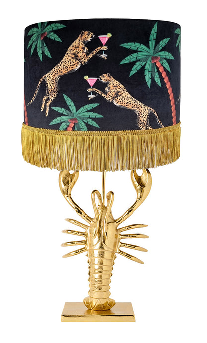 Lobster Lamp Base Gold by Queen K with black shade featuring leopards and palm trees design