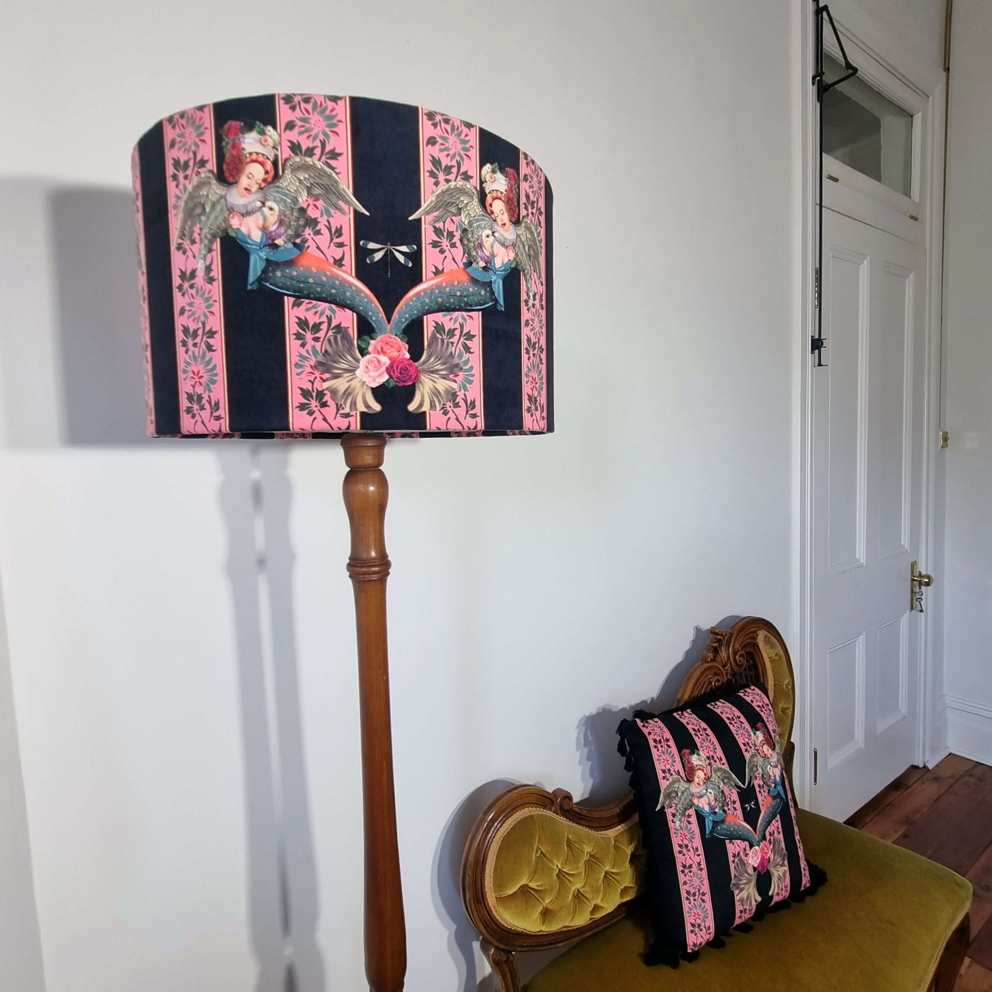Queen K Mermaid Drum Lampshade Pink with angel and floral pattern on wooden floor lamp