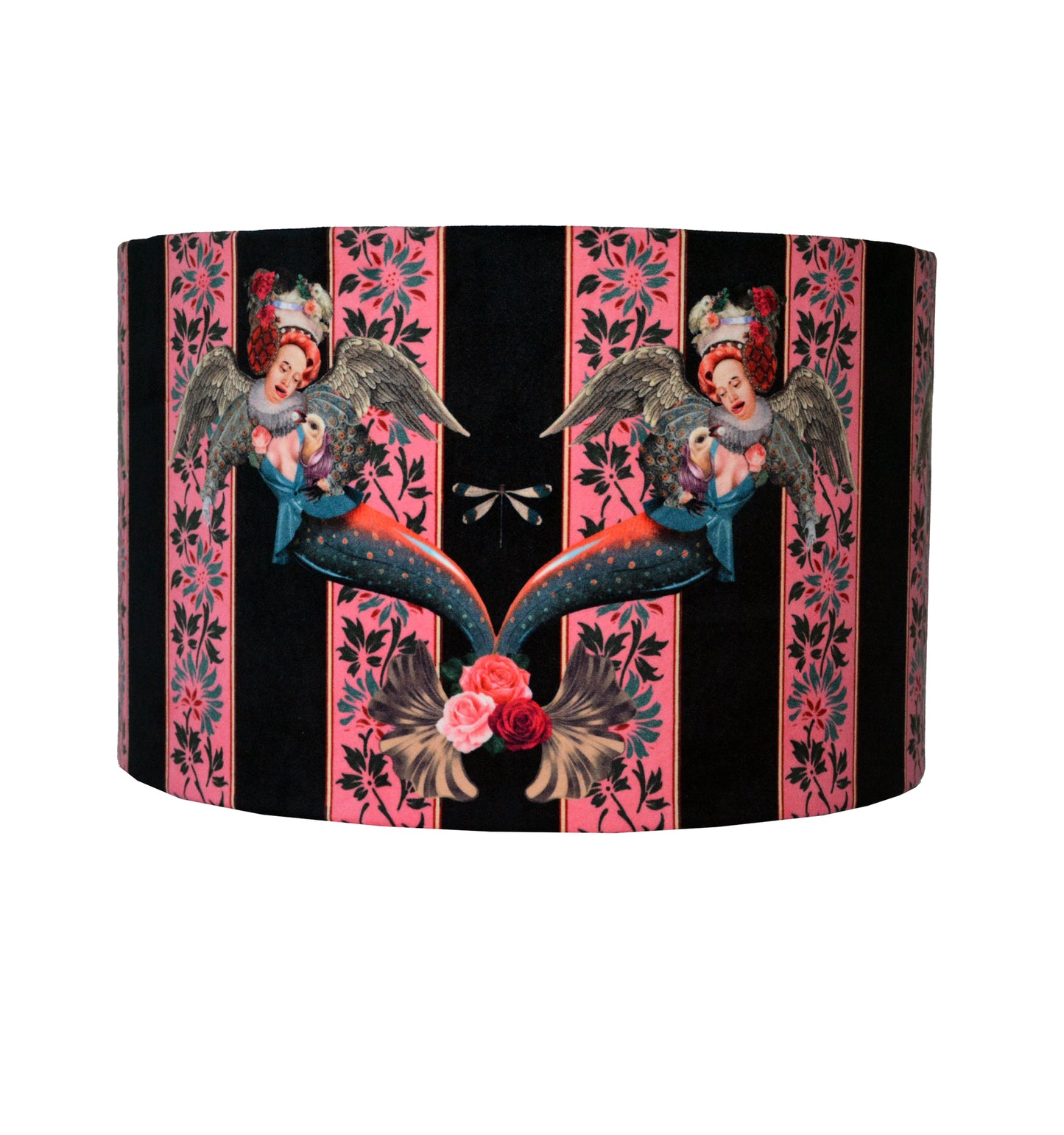 Queen K mermaid drum lampshade pink with vintage angel and victorian striped design
